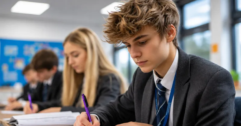 Teenagers in school uniforms sit at desks in a classroom, writing in notebooks. The room is bright, with large windows and colorful bulletin boards visible in the background.